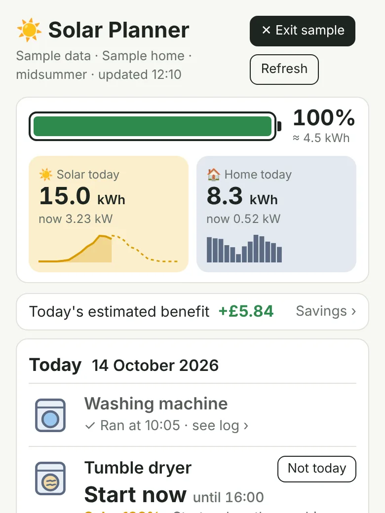 Solar Planner's Today screen: battery level, solar and home use, and when to run each appliance